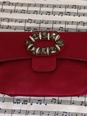 Stuart Weitzman Red Satin Jeweled Oval-Clasp Clutch